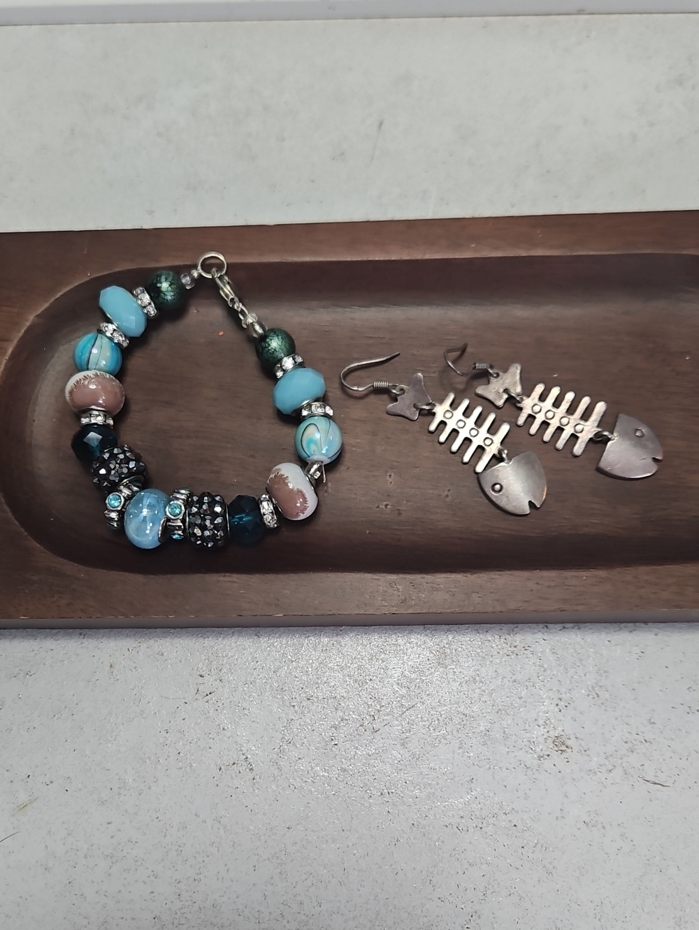 Handmade Blue & Teal Beaded Bracelet and Taxco Sterling Silver Fish Earrings Set